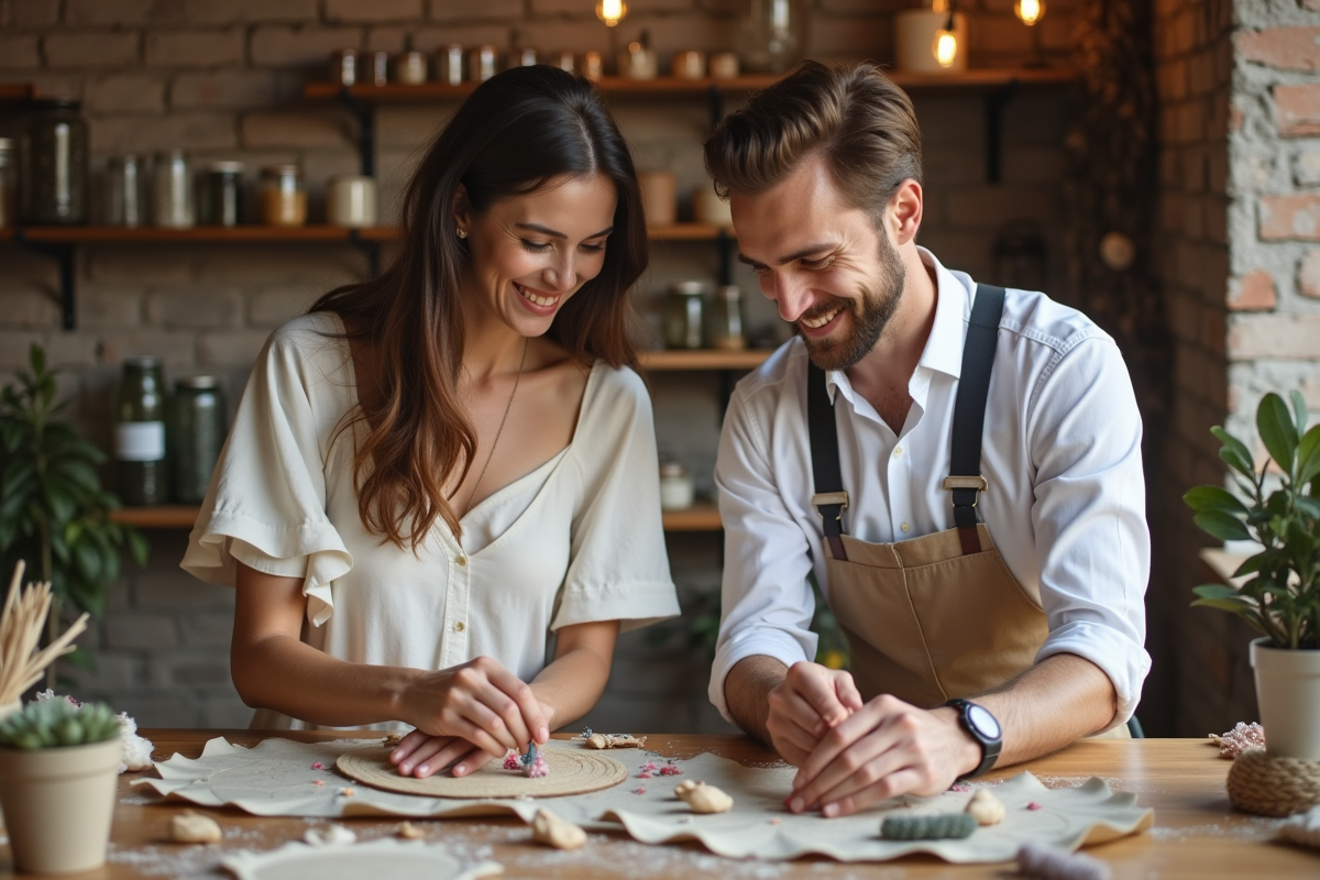 Couple souriant préparant décoration mariage rustique