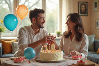 Couple riant en décorant une table festive pour un anniversaire