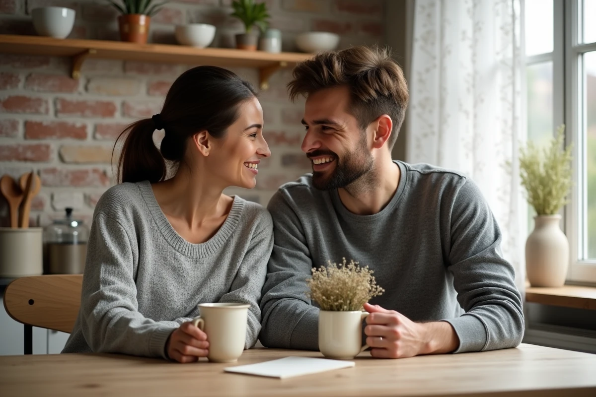 Couple amoureux fêtant deux mois de mariage avec des fleurs et une carte manuscrite dans une cuisine authentique