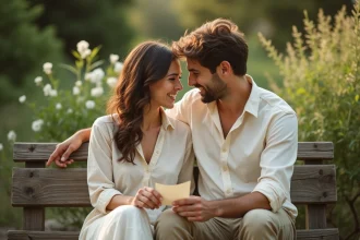 Couple célébrant deux mois de mariage échangeant un mot d'amour manuscrit dans un jardin fleuri
