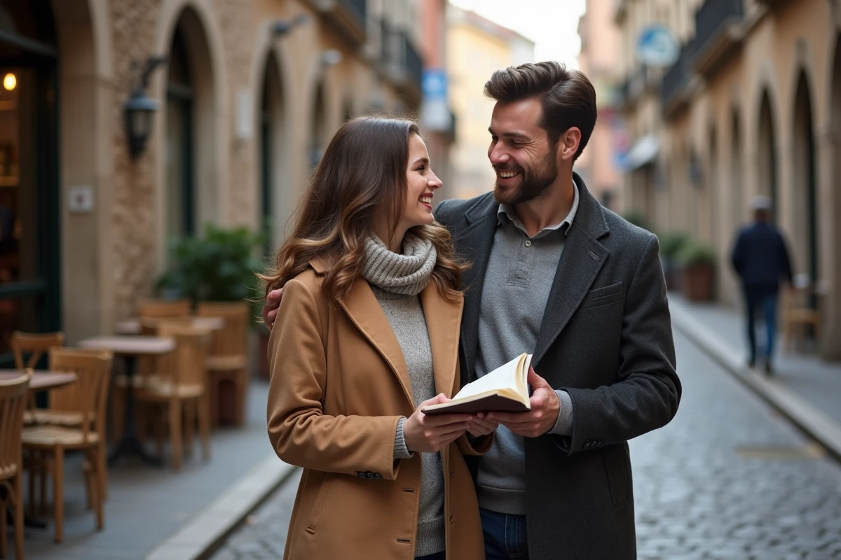 Couple élégant dans une rue pavée célébrant deux mois de mariage avec un poème d'amour écrit à la main