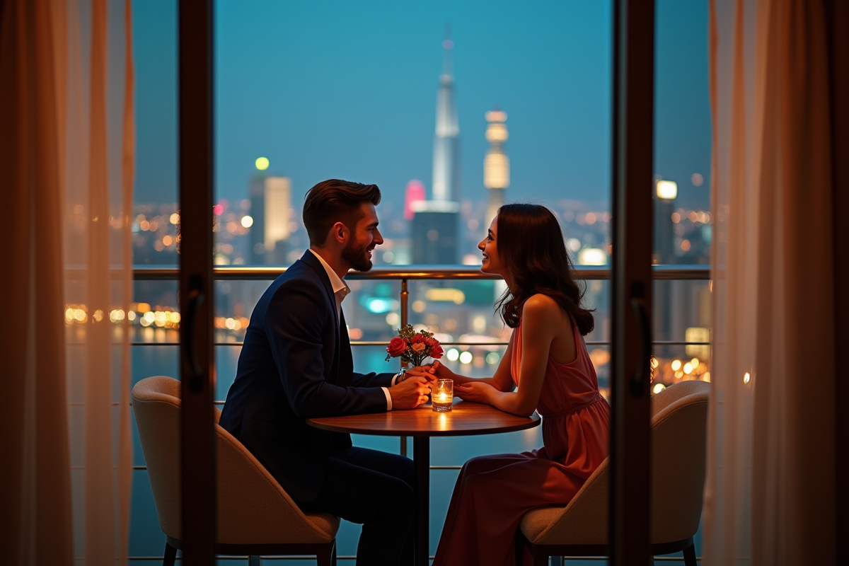 Jeune couple en dîner sur balcon avec vue urbaine