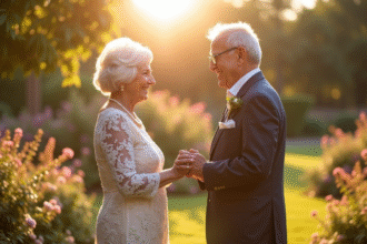 Couple âgé échangeant des alliances dans un jardin ensoleille
