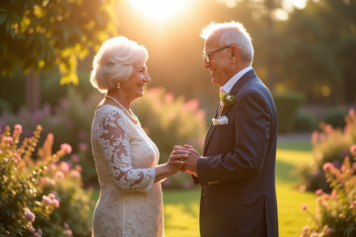Couple âgé échangeant des alliances dans un jardin ensoleille