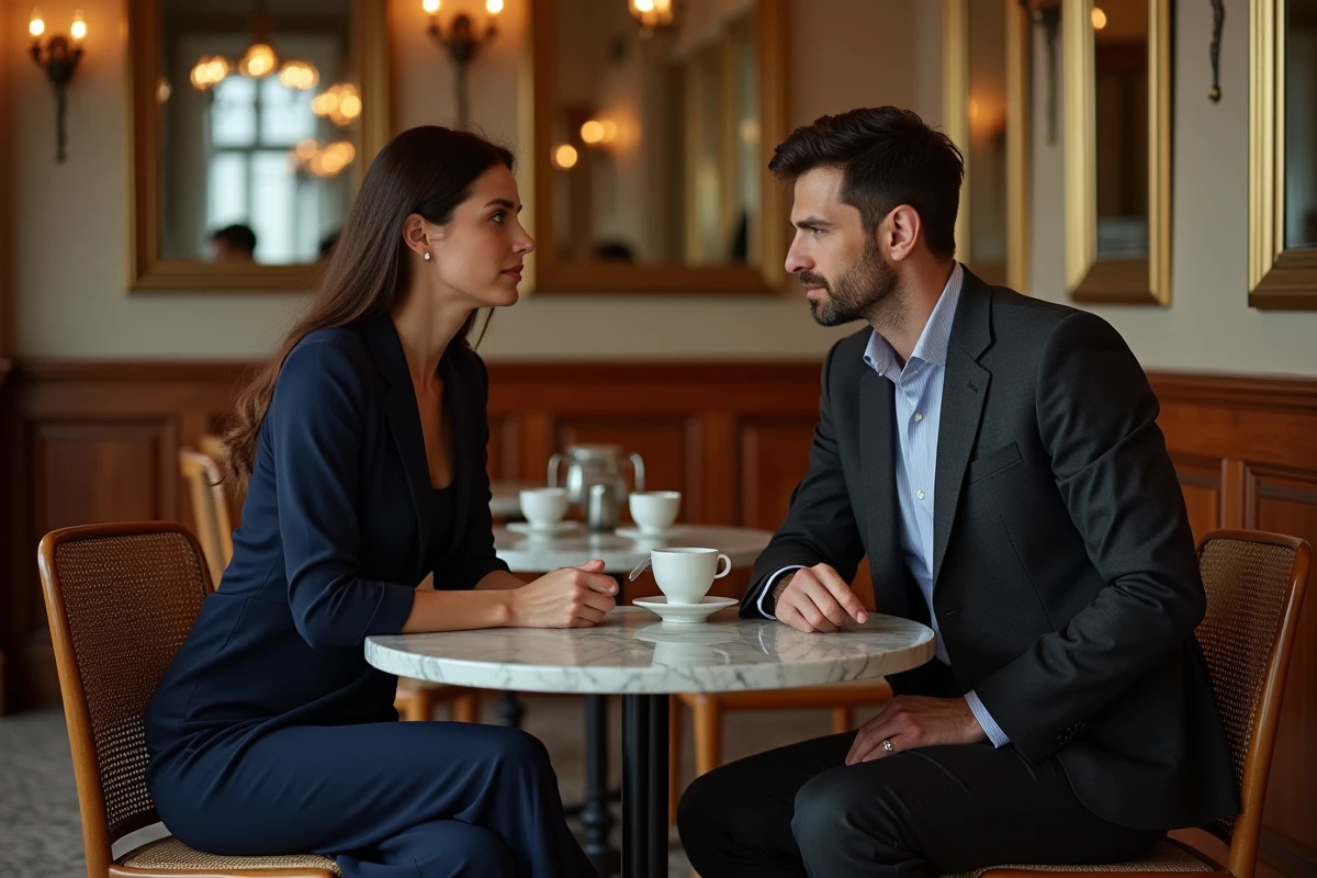 Couple élégant en conversation intime dans une brasserie parisienne classique, atmosphère discrète et raffinée