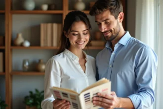 Couple regardant des échantillons de tissus élégants dans un intérieur chaleureux