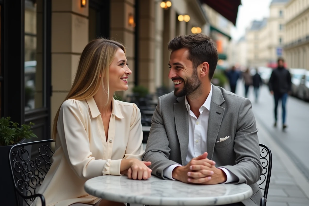 Couple élégant partageant un moment complice en terrasse de café parisien