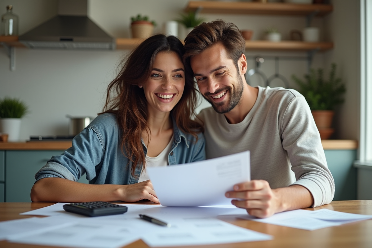 Couple souriant en famille à la maison avec documents fiscaux