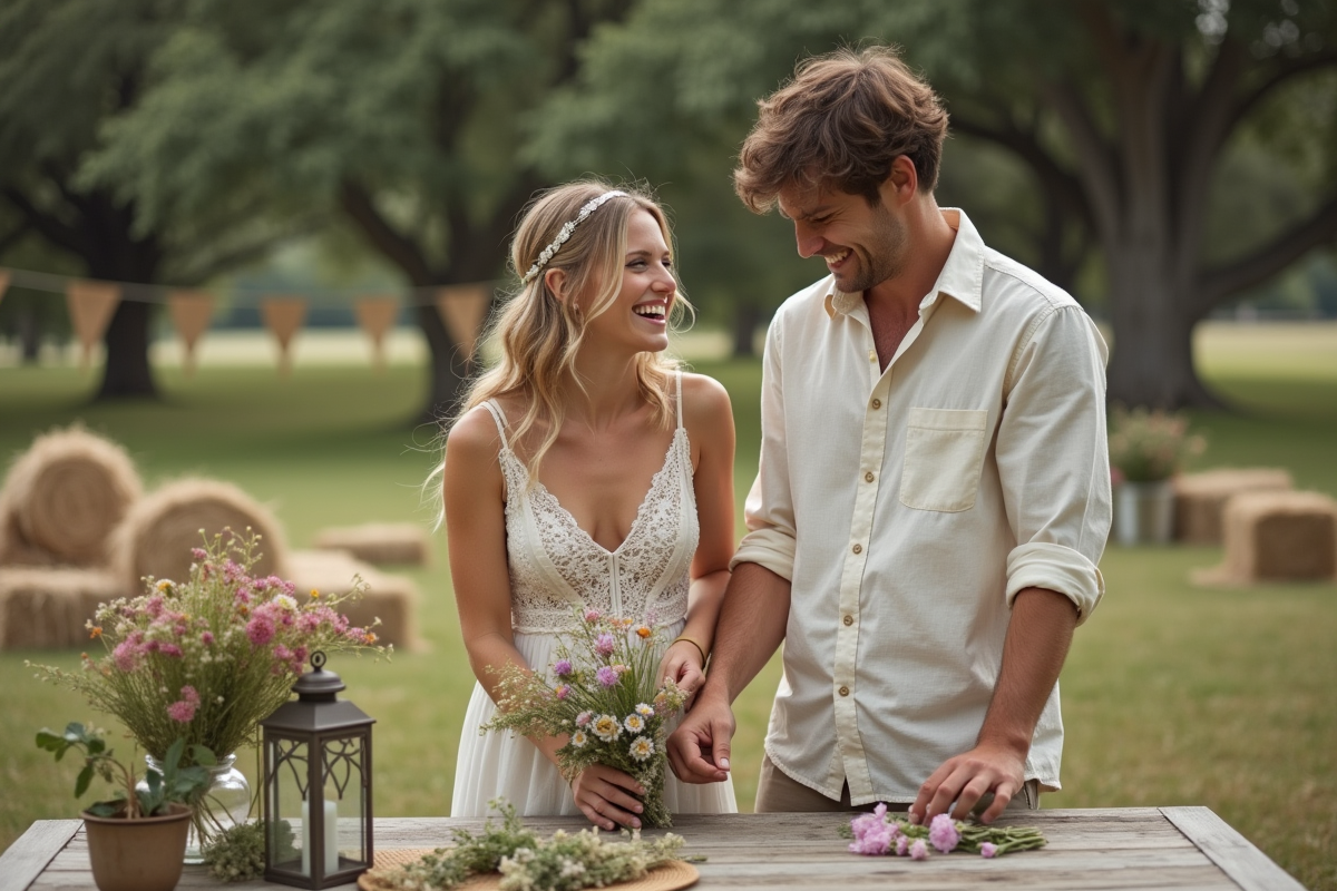 Jeune couple partageant un rire avec fleurs sauvages en extérieur