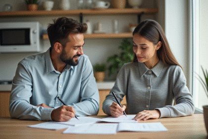 Jeune couple remplissant des formulaires de mariage dans une cuisine lumineuse