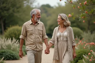 Couple souriant dans un jardin printanier romantique