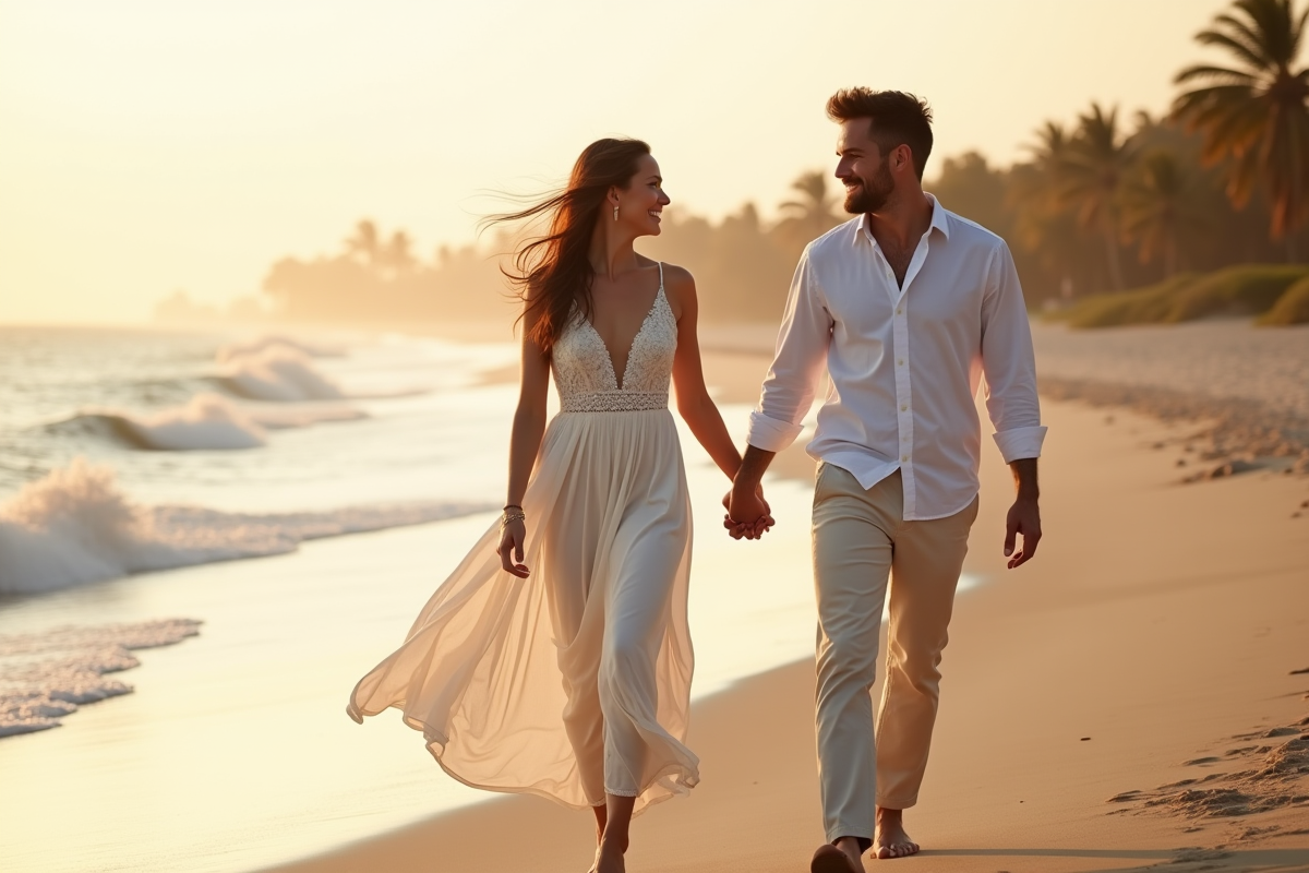 Jeune couple de mariés marche sur la plage au coucher du soleil