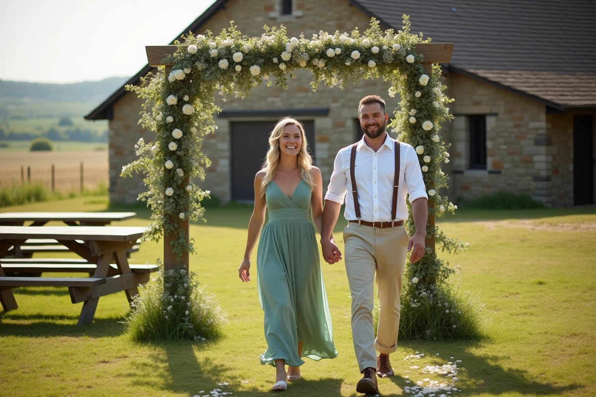 Couple marchant sous arche fleuri après mariage