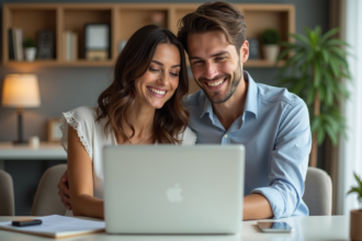 Couple joyeux en tenue de mariage dans un bureau moderne