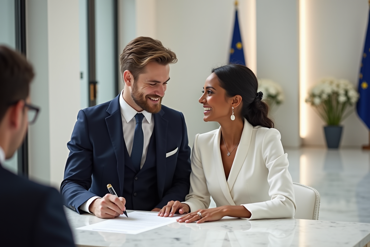 Jeune couple interracial lors d'un mariage civil en Europe