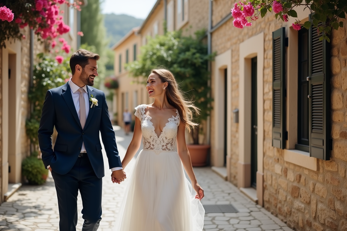 Jeune couple en mariage dans une rue corse pittoresque