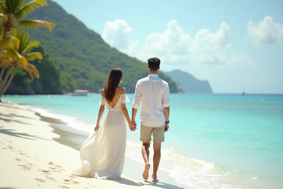 Jeune couple marié sur la plage tropicale en été