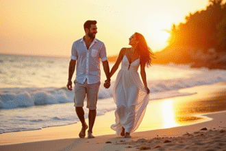 Jeune couple marié sur une plage tropicale au coucher du soleil