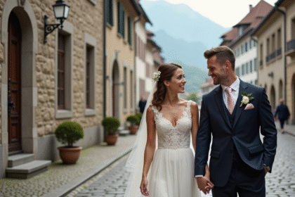 Couple suisse souriant en tenue de mariage devant l'hôtel de ville