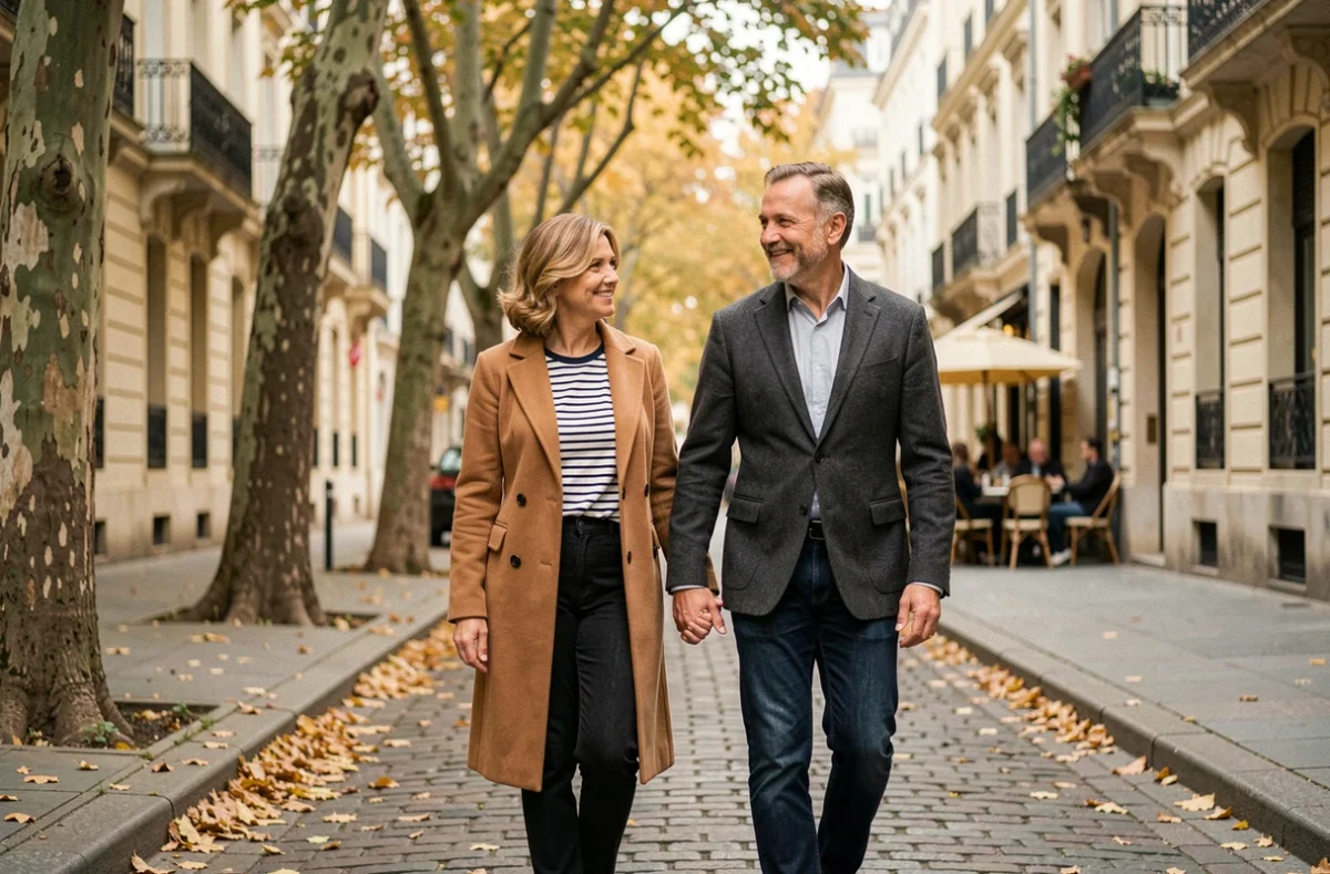 Couple marié d'âge mûr se promenant main dans la main dans une rue pavée européenne en automne pour célébrer leur anniversaire