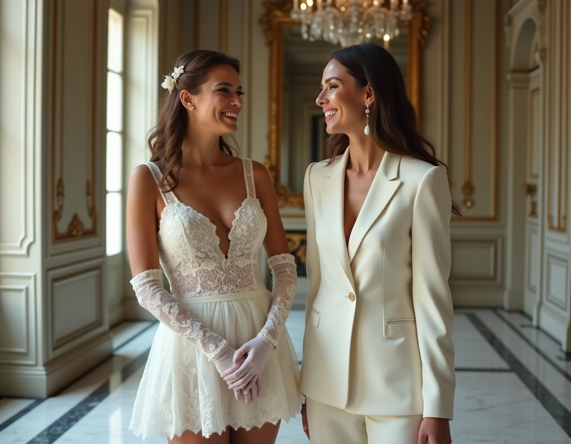 Deux mariées élégantes dans une salle de réception parisienne, l'une en robe courte dentelle vintage et l'autre en costume satin