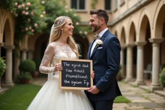 Couple de mariés tenant un panneau ardoise avec une citation humoristique inspirée d'une série culte dans un jardin fleuri