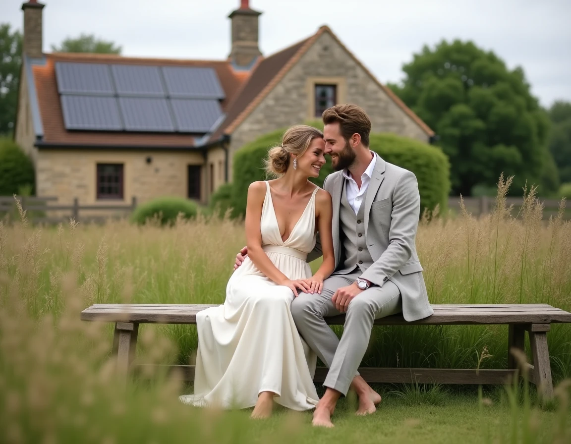 Couple de mariés assis dans une prairie de fleurs sauvages devant une grange en pierre dotée de panneaux solaires dans un domaine de mariage écoresponsable