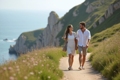 Jeune couple en nature sur un sentier côtier ensoleille