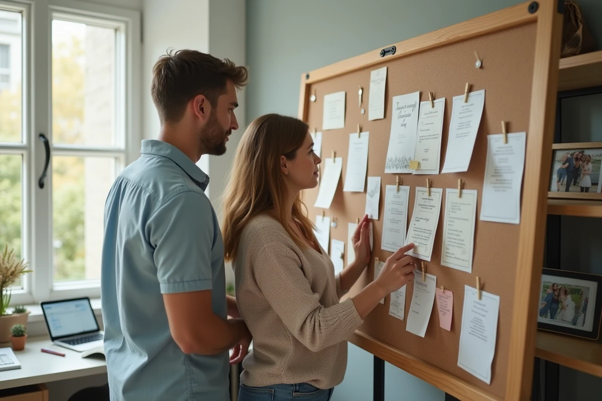 Jeune couple vérifiant un planning dans un bureau lumineux