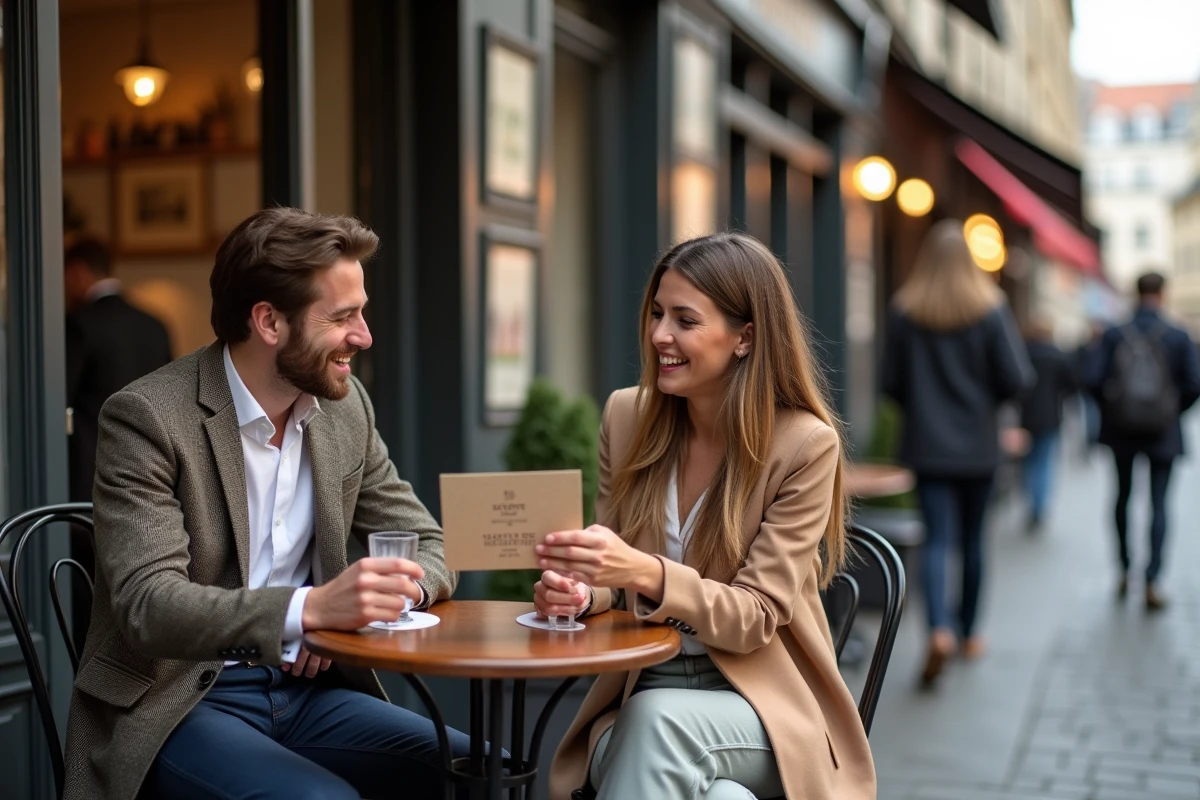 Couple souriant avec carte save the date en terrasse parisienne