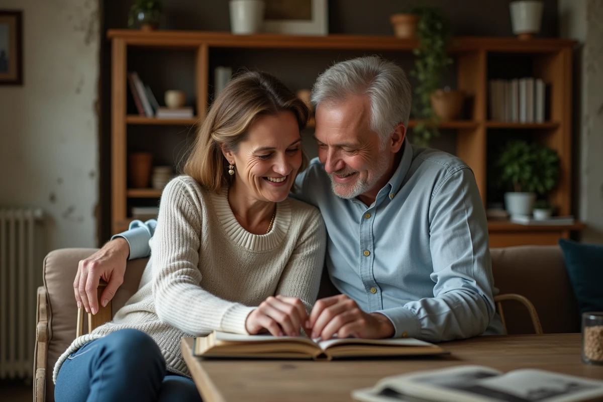 Couple regardant un album photo dans un salon chaleureux