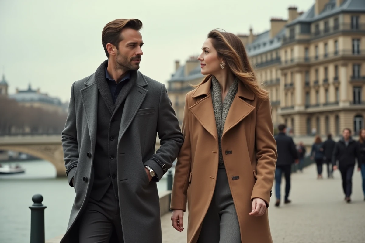 Couple se promenant au bord de la Seine à Paris en manteaux élégants