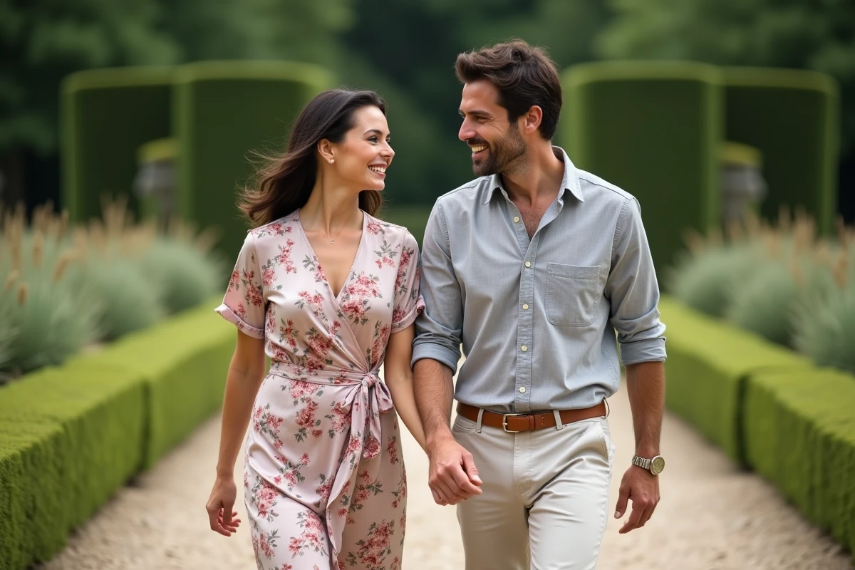 Couple élégant se promenant dans un jardin à la française, moment complice et décontracté en plein air