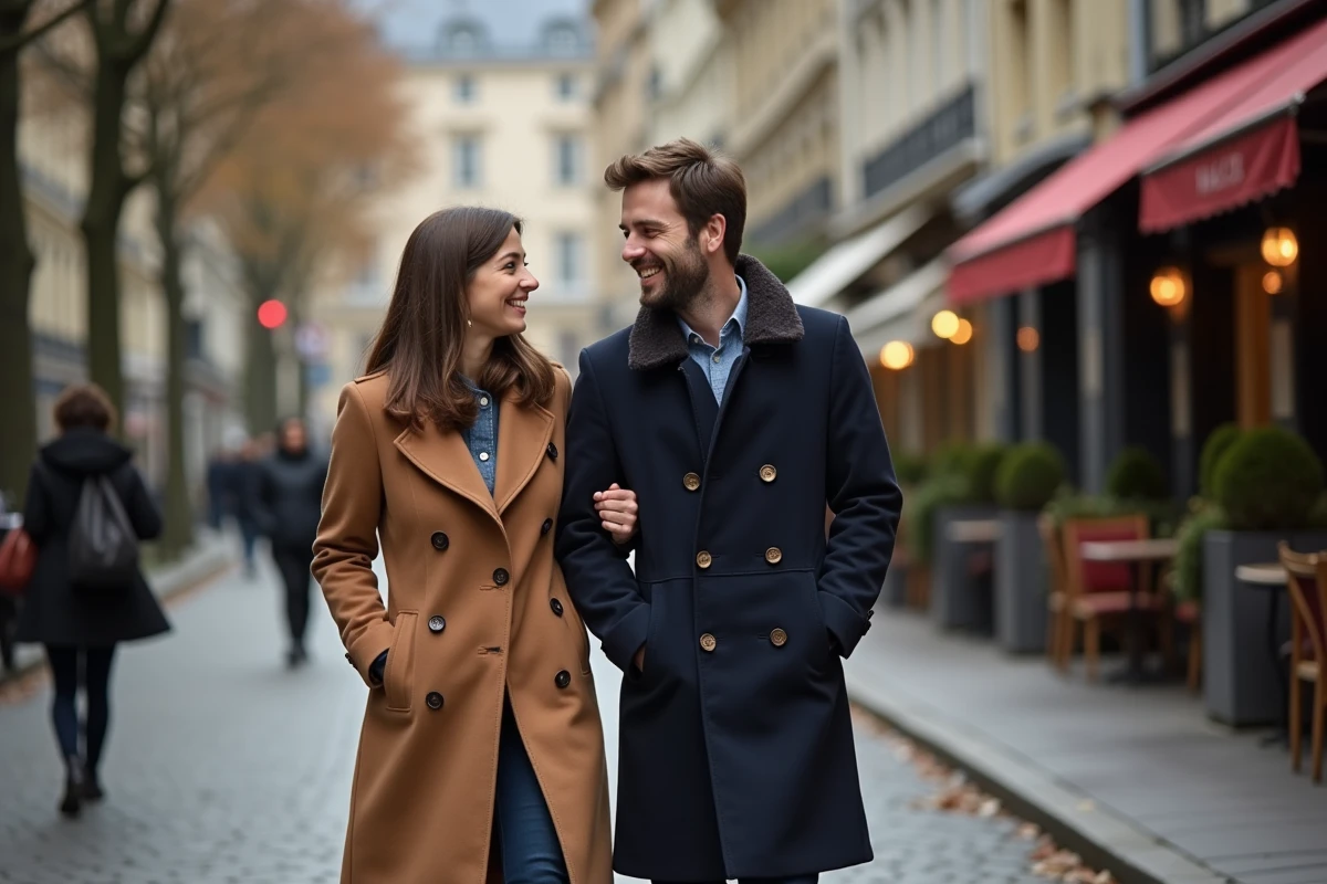Couple souriant se promenant dans les rues pavées de Paris, illustrant la vie de couple et l'intimité d'une célébrité mariée