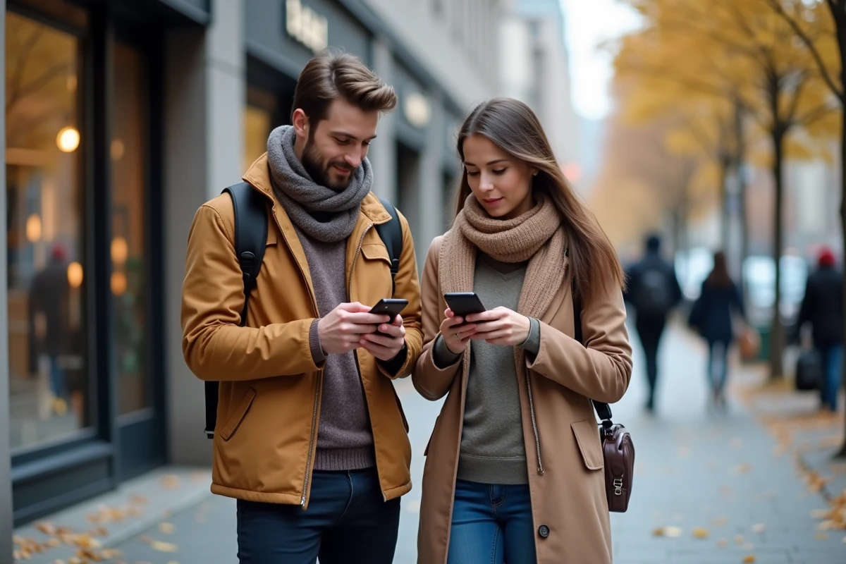Couple consultant leurs téléphones dans la rue, symbole des spéculations alimentées par les réseaux sociaux