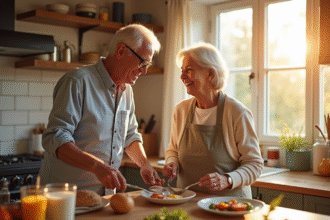 Couple d'âge avançé préparant le petit déjeuner dans une cuisine lumineuse