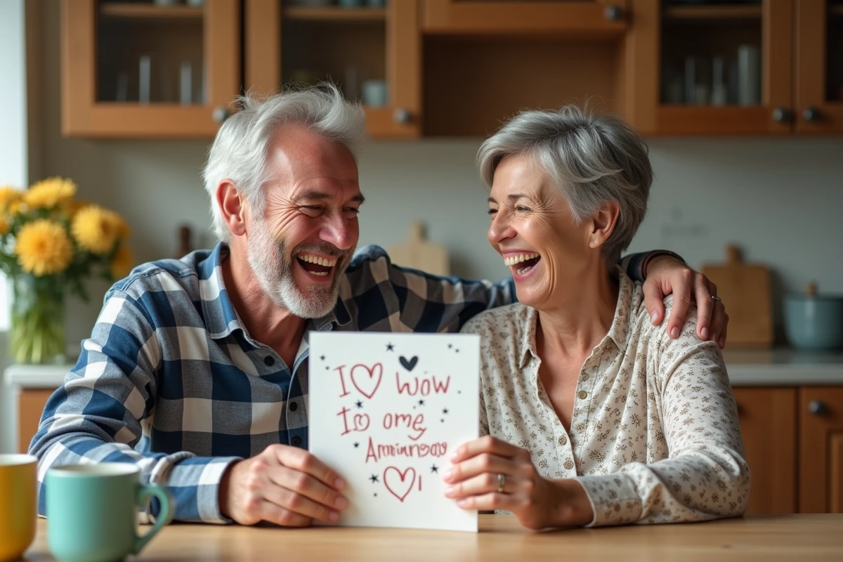 Couple souriant avec carte anniversaire dans la cuisine