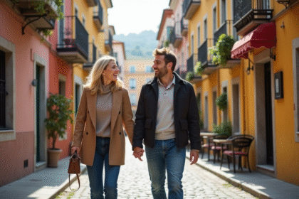 Couple souriant marchant dans une rue européenne pittoresque