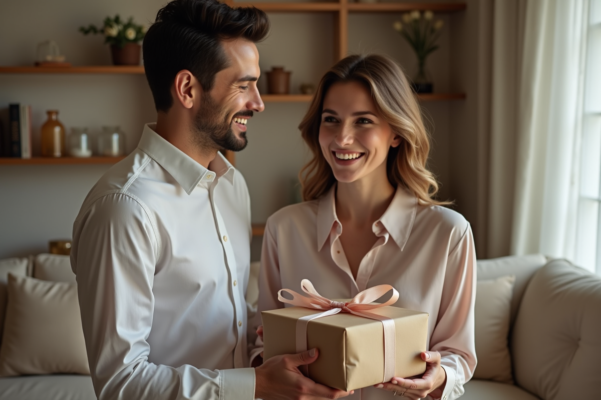 Jeune couple souriant échangeant un cadeau de mariage dans un salon