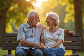 Couple souriant assis sur un banc dans un parc ensoleille