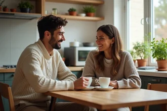 Couple stable partageant un moment de conversation sincère autour d'un café le matin dans une cuisine moderne et chaleureuse
