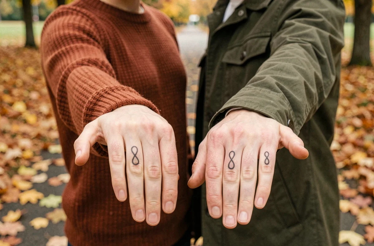 Couple montrant leurs tatouages alliance infini assortis en plein air, symbole d'union durable et bien entretenu