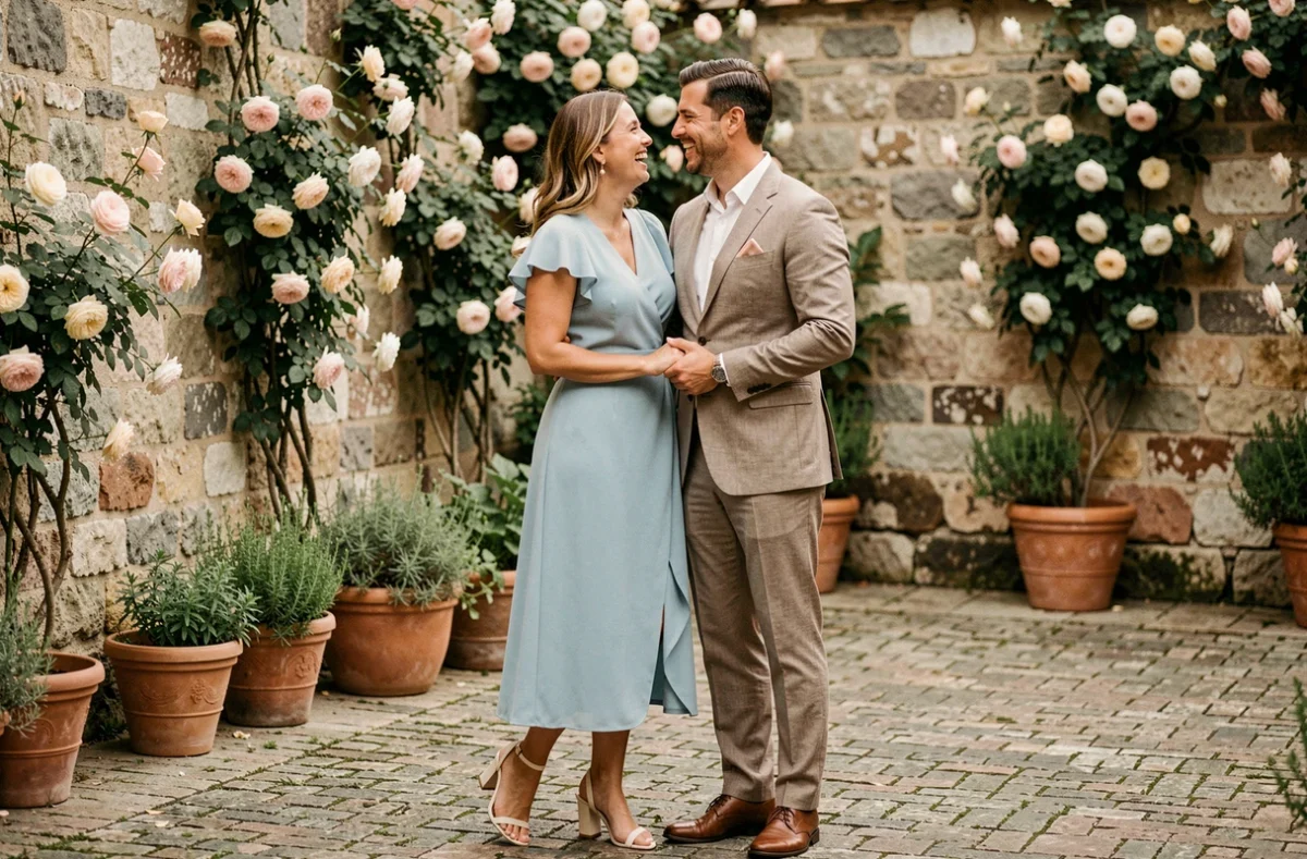 Couple en tenues pastel bleu poudré et taupe riant dans une cour de jardin après un mariage civil