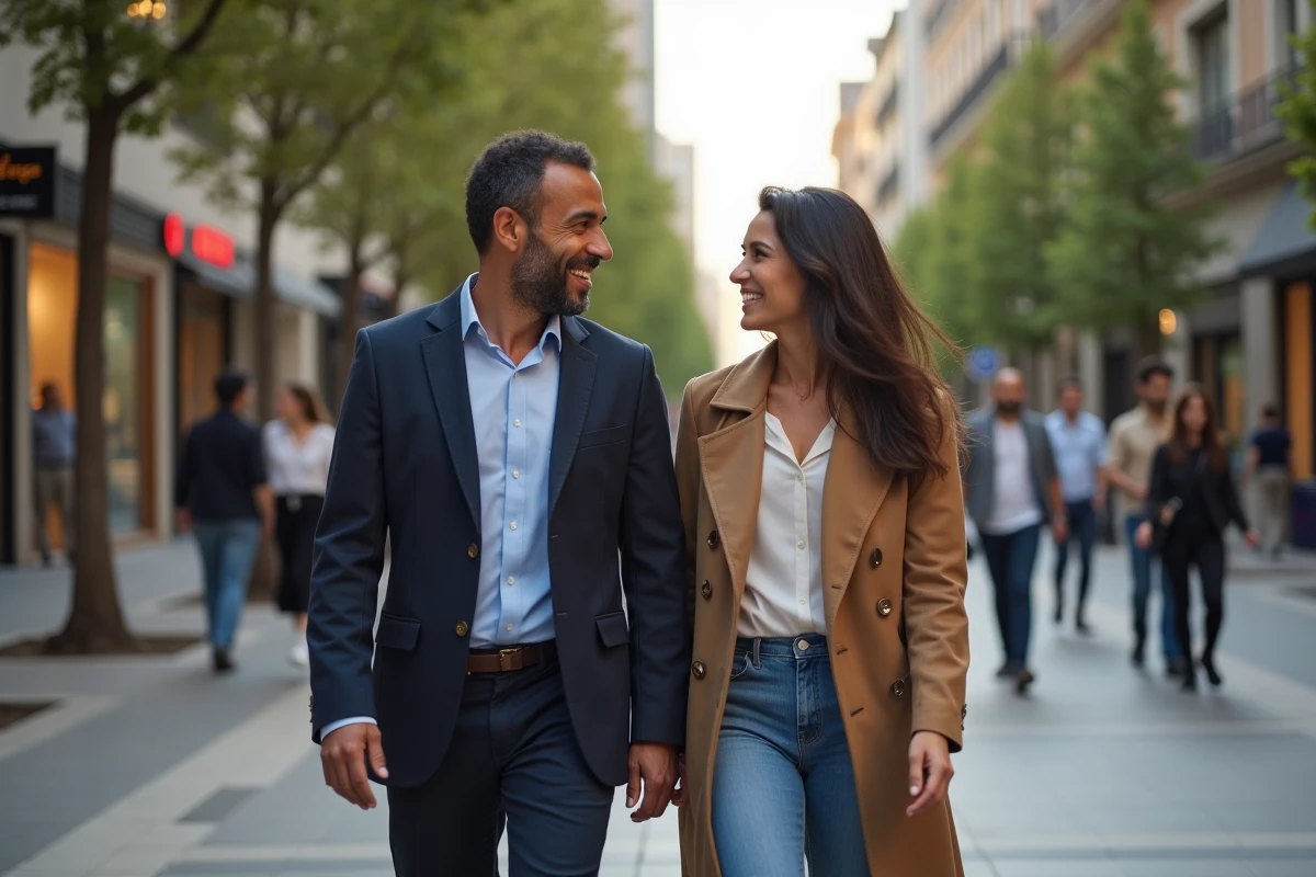 Homme et femme élégants marchant dans la ville