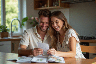 Jeune couple souriant vérifiant leurs billets d'avion à la maison