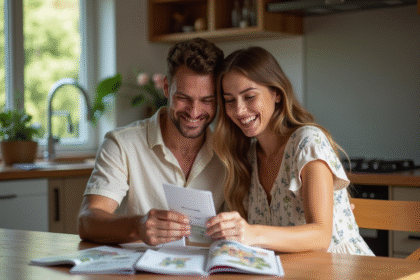 Jeune couple souriant vérifiant leurs billets d'avion à la maison