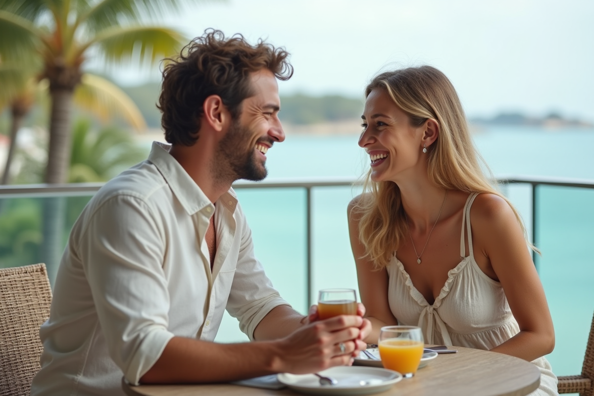 Jeune couple souriant sur le balcon face à la mer