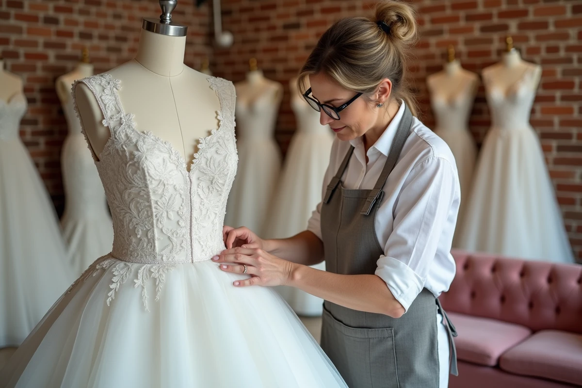 Couturière ajustant une dentelle sur une robe de mariée sur mannequin dans une boutique de mariage artisanale