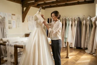 Créatrice de robe de mariée luxe épinglant une robe en soie sur un mannequin dans son atelier parisien