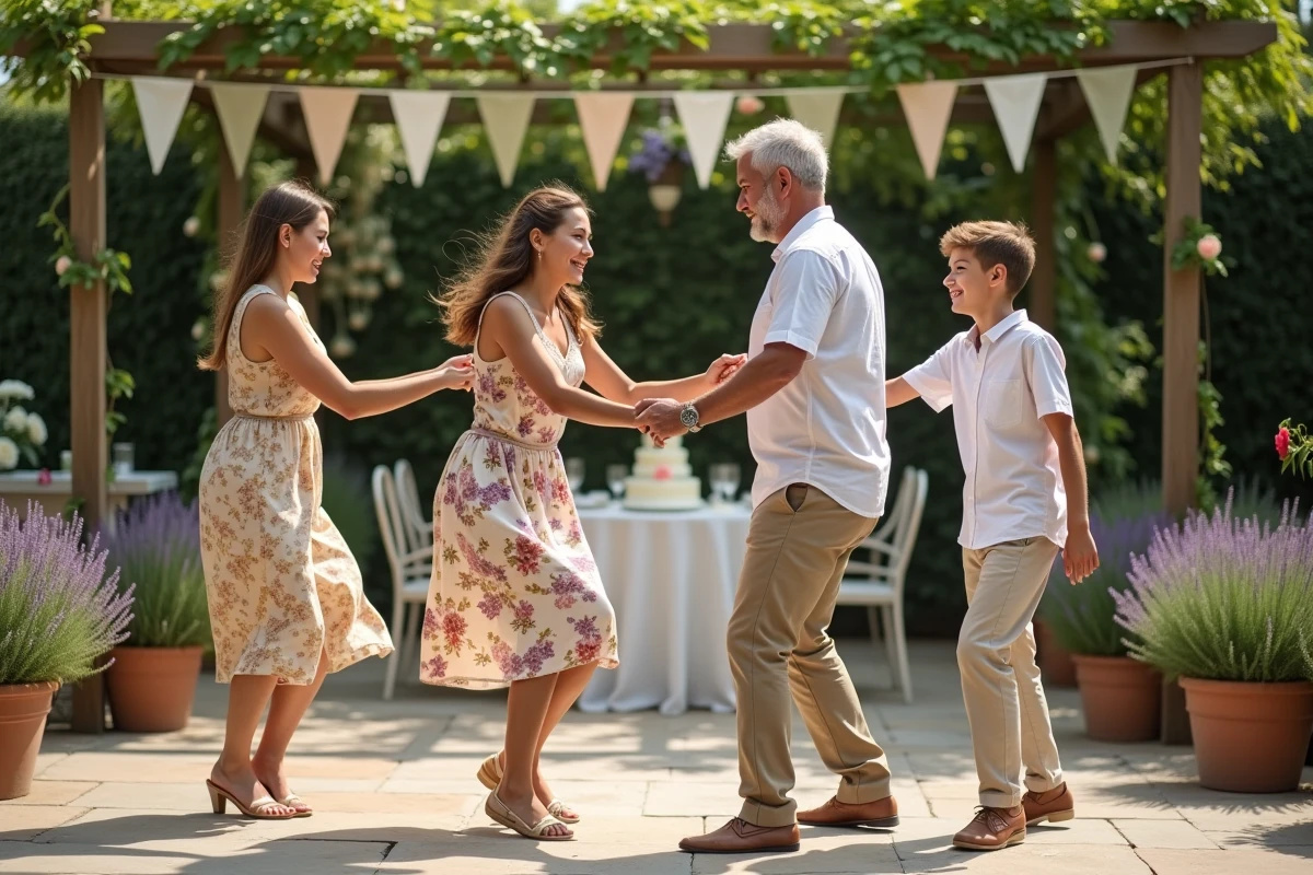 Famille dansant ensemble dans un jardin décoré lors d'une fête pour les 35 ans de mariage